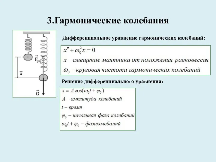 3.Гармонические колебания Дифференциальное уравнение гармонических колебаний: Решение дифференциального уравнения: