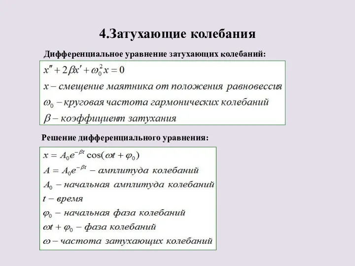 4.Затухающие колебания Дифференциальное уравнение затухающих колебаний: Решение дифференциального уравнения: