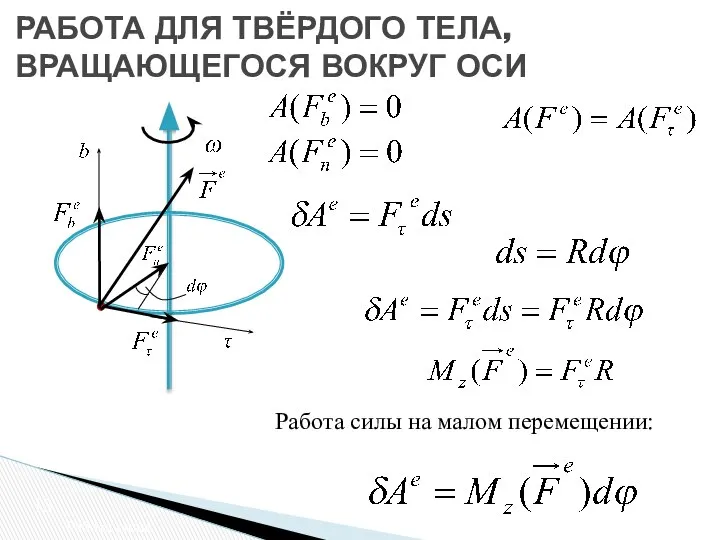 Работа силы на малом перемещении: 13 Работа силы РАБОТА ДЛЯ ТВЁРДОГО ТЕЛА, ВРАЩАЮЩЕГОСЯ ВОКРУГ ОСИ