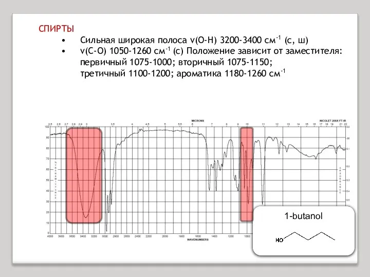 СПИРТЫ Сильная широкая полоса ν(O-H) 3200-3400 см-1 (с, ш) ν(C-O) 1050-1260