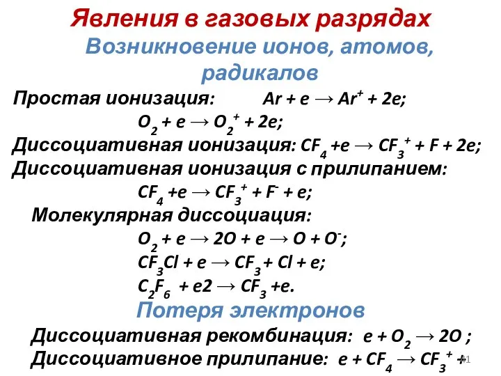 Явления в газовых разрядах Возникновение ионов, атомов, радикалов Простая ионизация: Ar