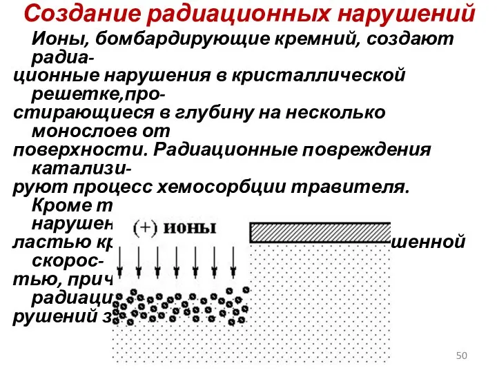 Создание радиационных нарушений Ионы, бомбардирующие кремний, создают радиа- ционные нарушения в