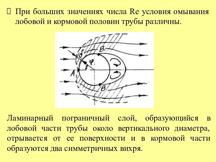 При больших значениях числа Re условия омывания лобовой и кормовой половин