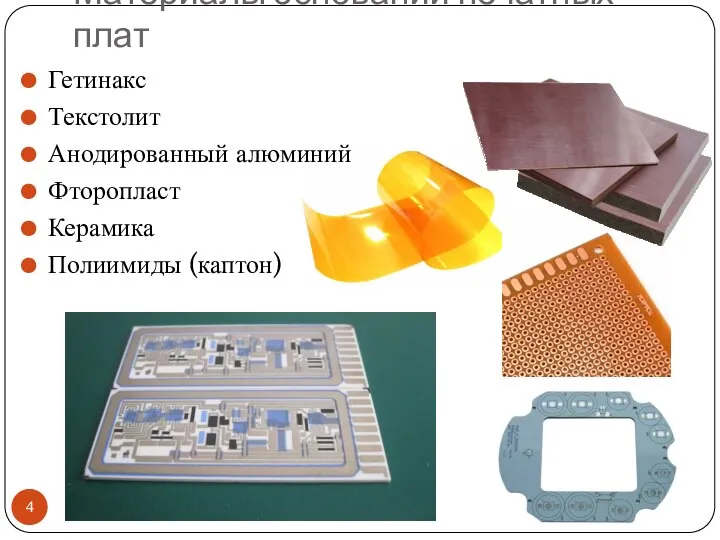 Материалы оснований печатных плат Гетинакс Текстолит Анодированный алюминий Фторопласт Керамика Полиимиды (каптон)