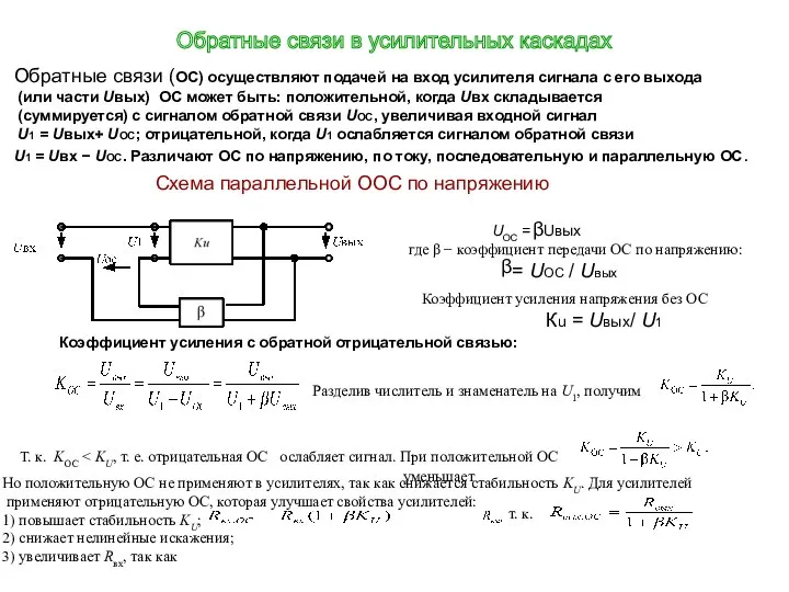 Обратные связи (ОС) осуществляют подачей на вход усилителя сигнала с его