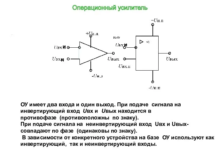 ОУ имеет два входа и один выход. При подаче сигнала на