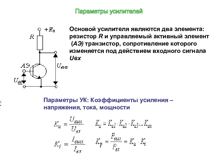 Основой усилителя являются два элемента: резистор R и управляемый активный элемент