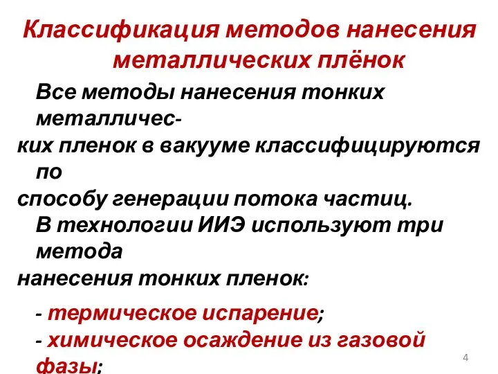 Классификация методов нанесения металлических плёнок Все методы нанесения тонких металличес- ких