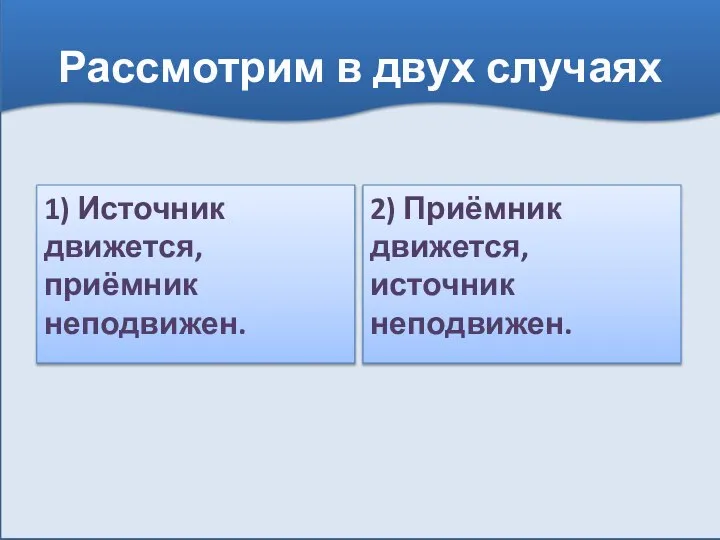 Рассмотрим в двух случаях 1) Источник движется, приёмник неподвижен. 2) Приёмник движется, источник неподвижен.