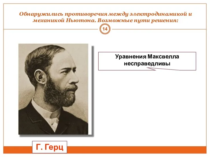 Обнаружились противоречия между электродинамикой и механикой Ньютона. Возможные пути решения: Г. Герц Уравнения Максвелла несправедливы