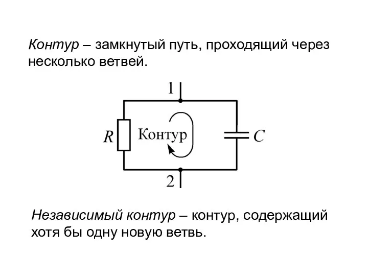 Контур – замкнутый путь, проходящий через несколько ветвей. Независимый контур –