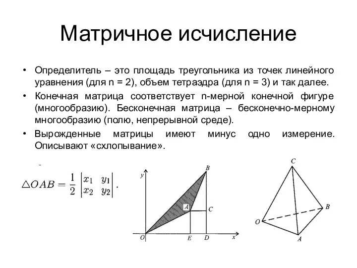Матричное исчисление Определитель – это площадь треугольника из точек линейного уравнения