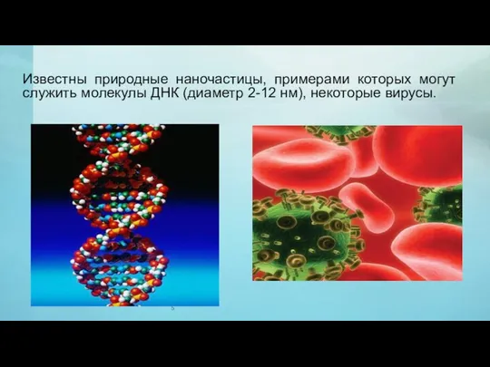 Известны природные наночастицы, примерами которых могут служить молекулы ДНК (диаметр 2-12 нм), некоторые вирусы.