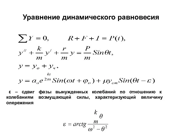 Уравнение динамического равновесия ε – сдвиг фазы вынужденных колебаний по отношению