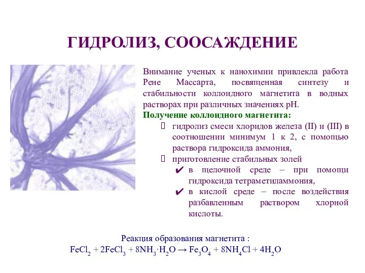 ГИДРОЛИЗ, СООСАЖДЕНИЕ Внимание ученых к нанохимии привлекла работа Рене Массарта, посвященная