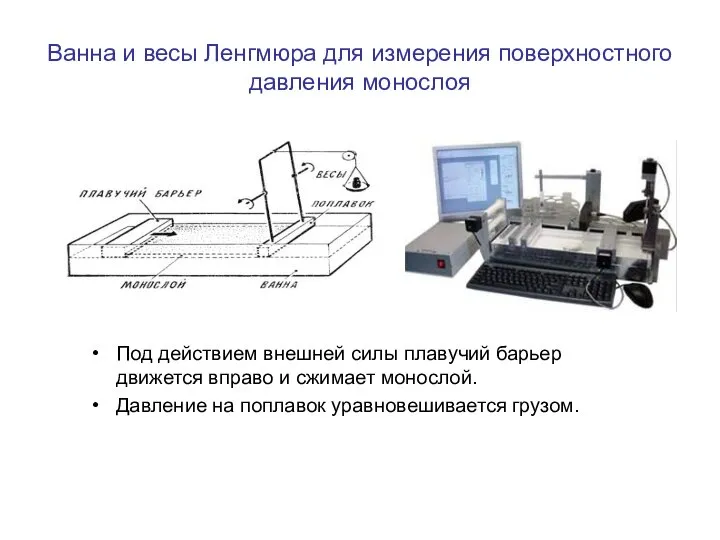 Ванна и весы Ленгмюра для измерения поверхностного давления монослоя Под действием