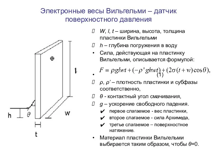 Электронные весы Вильгельми – датчик поверхностного давления W, l, t –