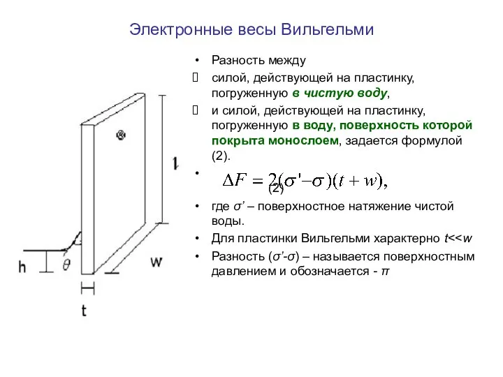 Электронные весы Вильгельми Разность между силой, действующей на пластинку, погруженную в