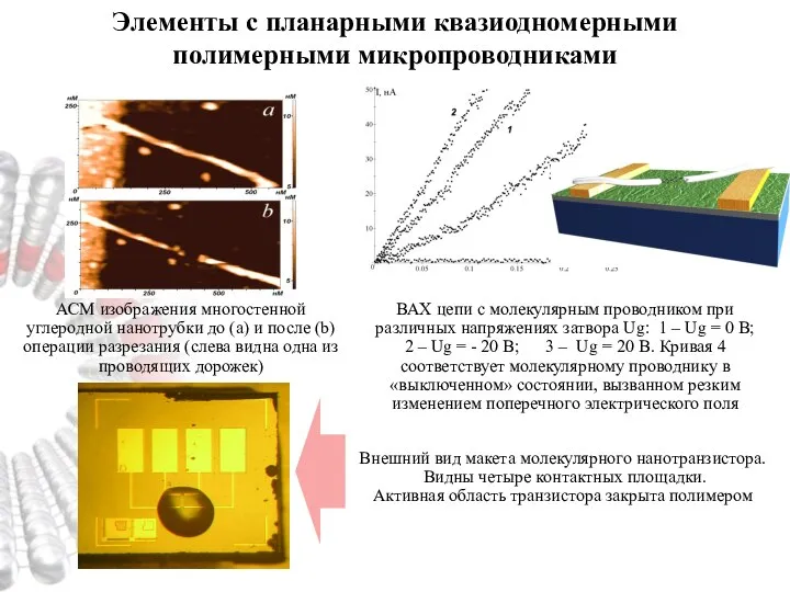 Элементы с планарными квазиодномерными полимерными микропроводниками Внешний вид макета молекулярного нанотранзистора.