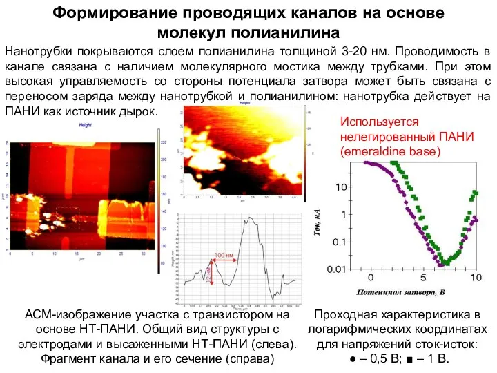 Формирование проводящих каналов на основе молекул полианилина АСМ-изображение участка с транзистором