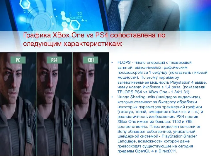 Графика XBox One vs PS4 сопоставлена по следующим характеристикам: FLOPS -