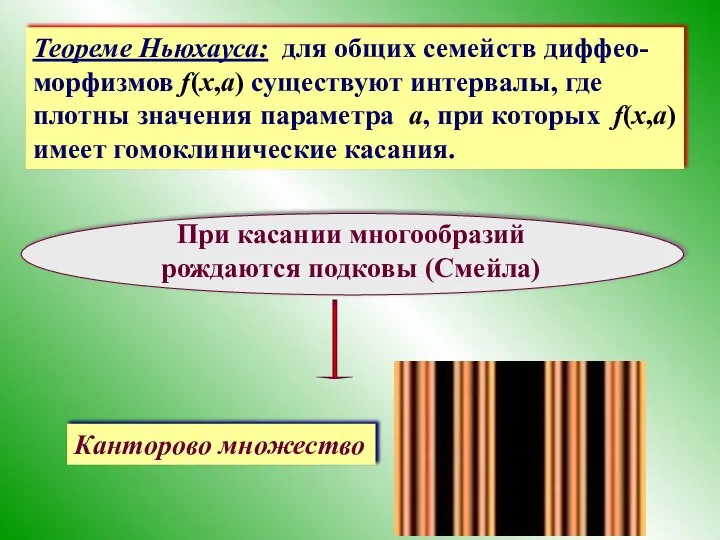 Теореме Ньюхауса: для общих семейств диффео-морфизмов f(x,a) существуют интервалы, где плотны