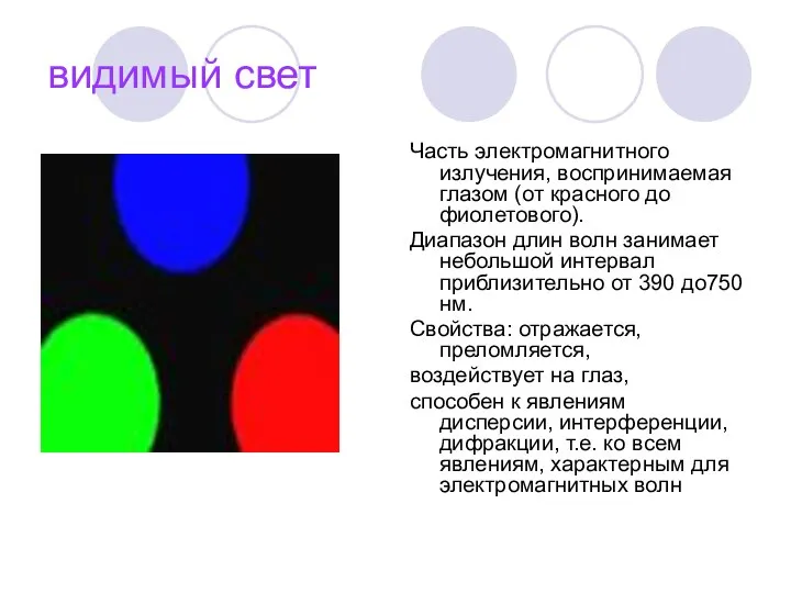 видимый свет Часть электромагнитного излучения, воспринимаемая глазом (от красного до фиолетового).
