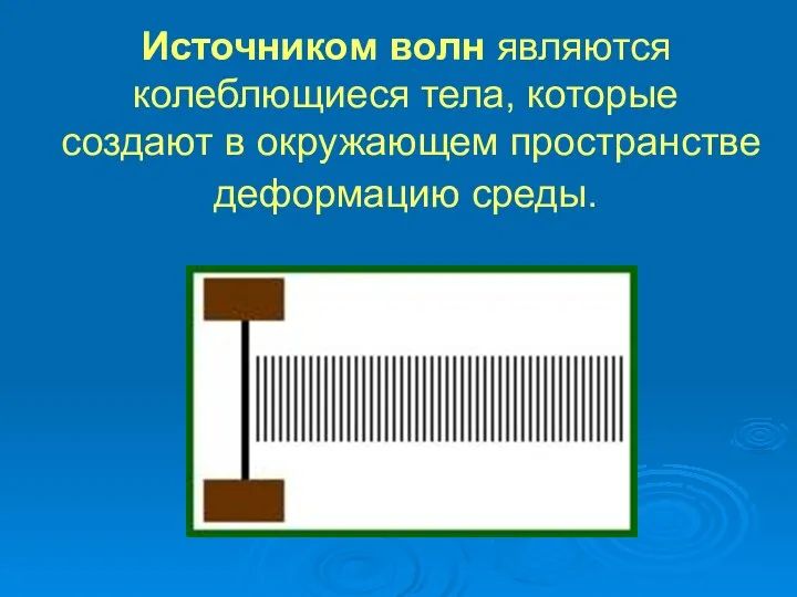 Источником волн являются колеблющиеся тела, которые создают в окружающем пространстве деформацию среды.