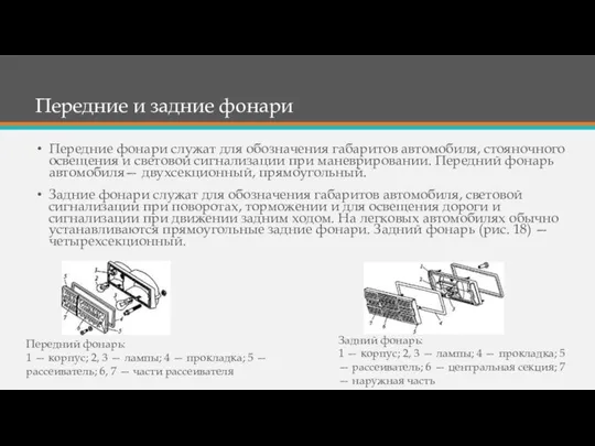 Передние и задние фонари Передние фонари служат для обозначения габаритов автомобиля,