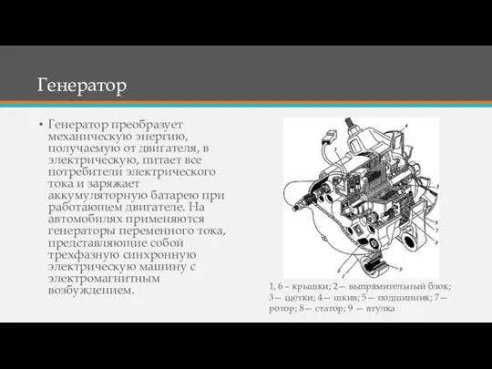 Генератор Генератор преобразует механическую энергию, получаемую от двигателя, в электрическую, питает