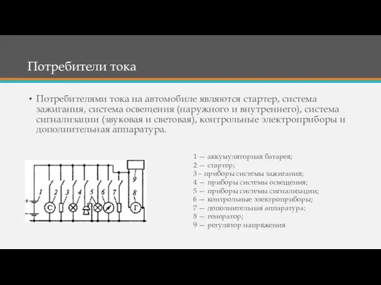 Потребители тока Потребителями тока на автомобиле являются стартер, система зажигания, система