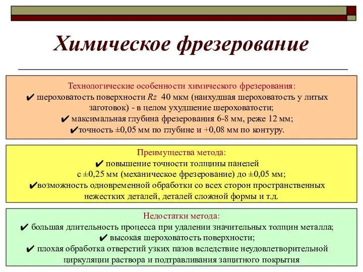 Химическое фрезерование Технологические особенности химического фрезерования: шероховатость поверхности Rz 40 мкм