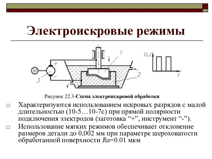 Электроискровые режимы Характеризуются использованием искровых разрядов с малой длительностью (10-5…10-7с) при