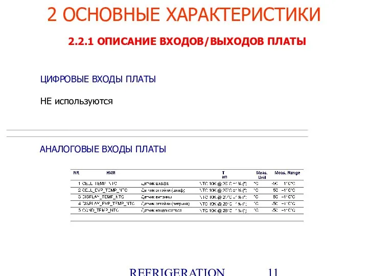 REFRIGERATION PLATFORM Villotta-Italy 2 ОСНОВНЫЕ ХАРАКТЕРИСТИКИ 2.2.1 ОПИСАНИЕ ВХОДОВ/ВЫХОДОВ ПЛАТЫ ЦИФРОВЫЕ