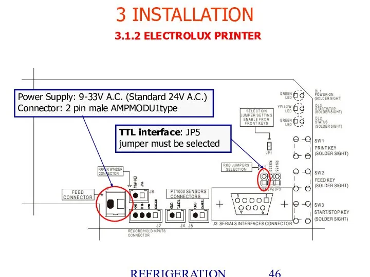 REFRIGERATION PLATFORM Villotta-Italy 3 INSTALLATION 3.1.2 ELECTROLUX PRINTER Power Supply: 9-33V