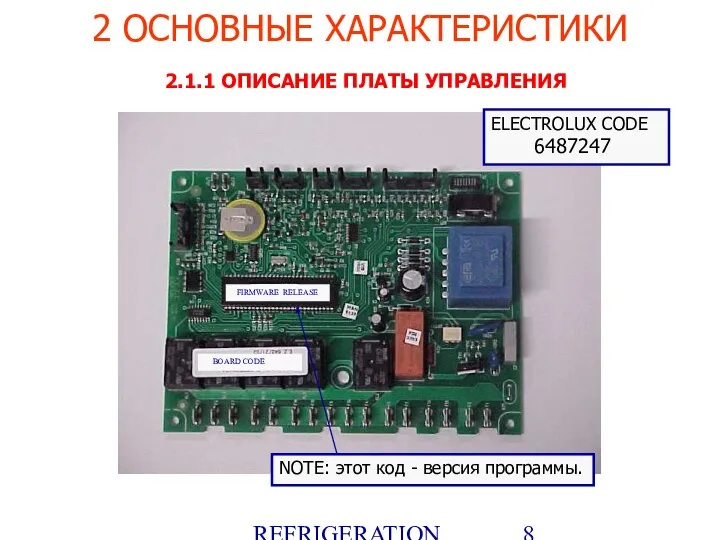 REFRIGERATION PLATFORM Villotta-Italy 2 ОСНОВНЫЕ ХАРАКТЕРИСТИКИ 2.1.1 ОПИСАНИЕ ПЛАТЫ УПРАВЛЕНИЯ NOTE: