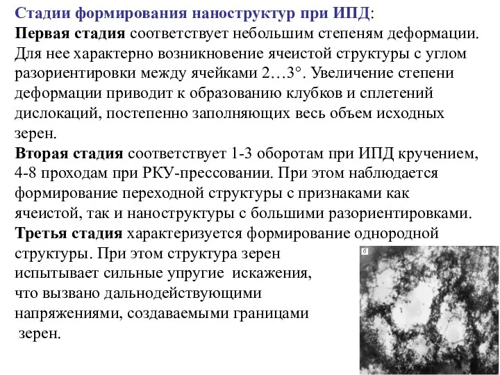 Стадии формирования наноструктур при ИПД: Первая стадия соответствует небольшим степеням деформации.