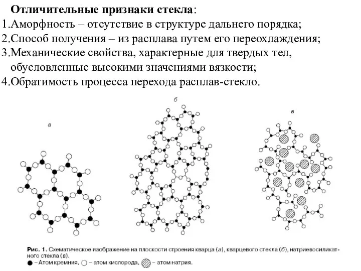 Отличительные признаки стекла: Аморфность – отсутствие в структуре дальнего порядка; Способ