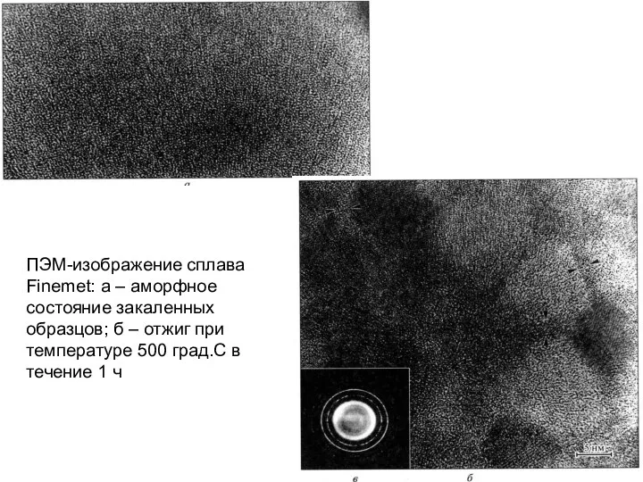 ПЭМ-изображение сплава Finemet: а – аморфное состояние закаленных образцов; б –