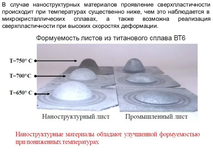 В случае наноструктурных материалов проявление сверхпластичности происходит при температурах существенно ниже,