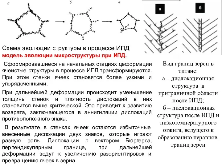 Схема эволюции структуры в процессе ИПД Вид границ зерен в титане: