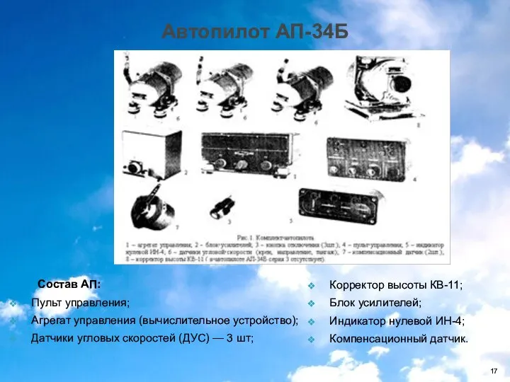 Автопилот АП-34Б Состав АП: Пульт управления; Агрегат управления (вычислительное устройство); Датчики