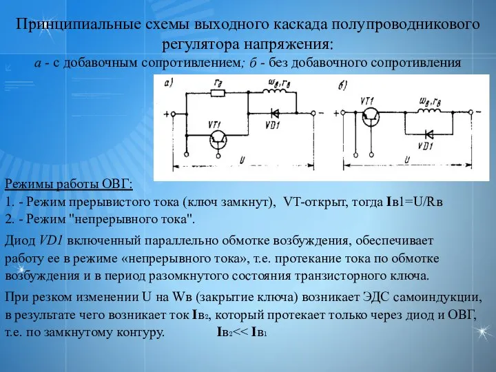 Принципиальные схемы выходного каскада полупроводникового регулятора напряжения: а - с добавочным