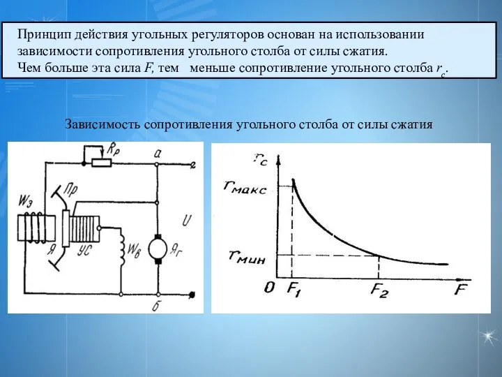 Принцип действия угольных регуляторов основан на использовании зависимости сопротивления угольного столба