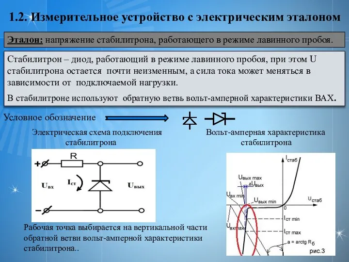 1.2. Измерительное устройство с электрическим эталоном Эталон: напряжение стабилитрона, работающего в