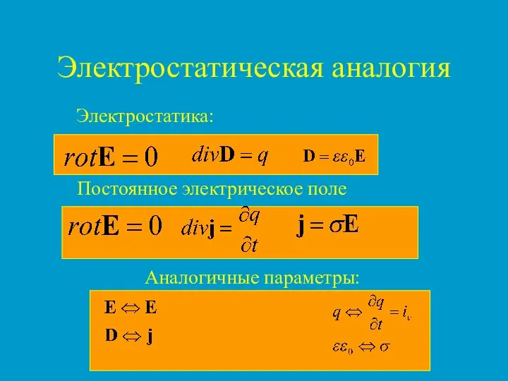 Электростатическая аналогия Электростатика: Постоянное электрическое поле Аналогичные параметры: