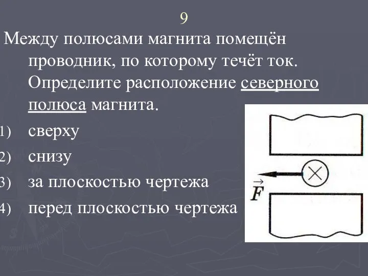 9 Между полюсами магнита помещён проводник, по которому течёт ток. Определите