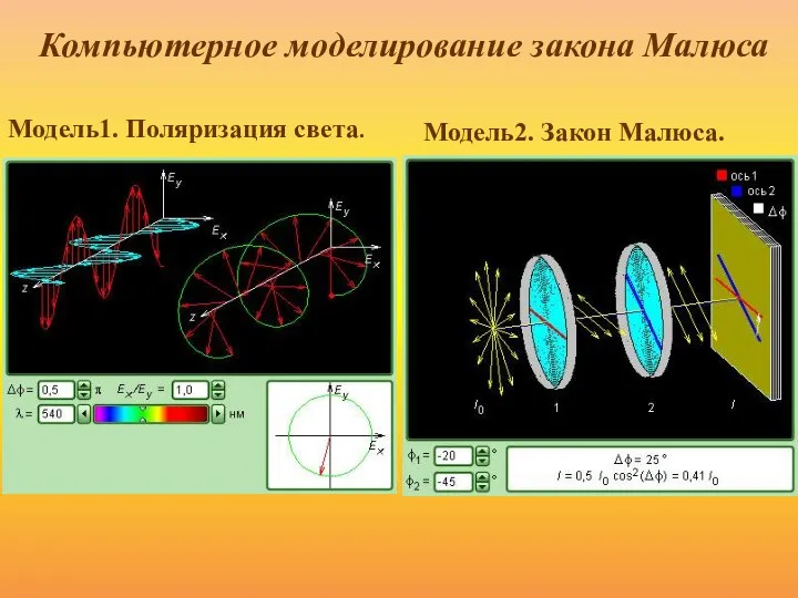 Модель1. Поляризация света. Модель2. Закон Малюса. Компьютерное моделирование закона Малюса