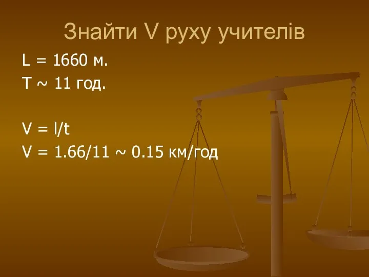 Знайти V руху учителів L = 1660 м. T ~ 11