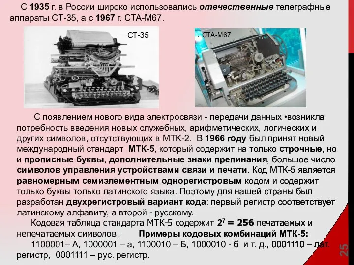 С 1935 г. в России широко использовались отечественные телеграфные аппараты СТ-35,